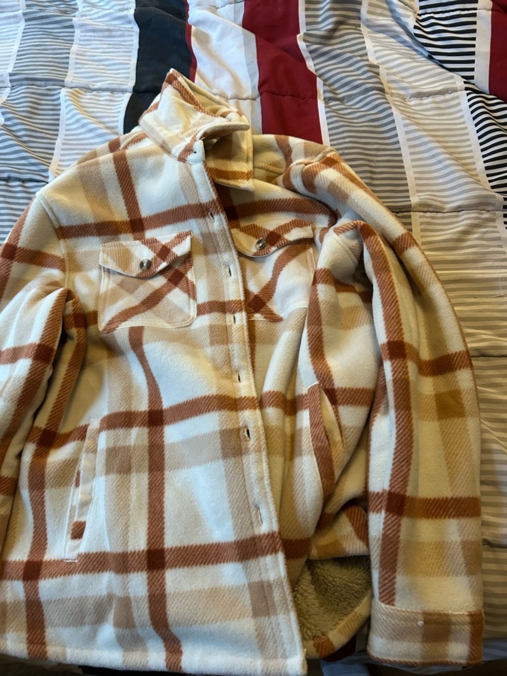 Plaid Fleece Shacket in Cream and Brown